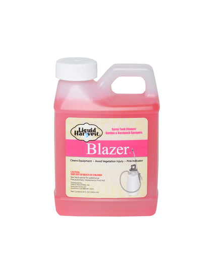 Liquid Harvest Blazer Spray Tank Cleaner bottle showing residue-free sprayer prep.