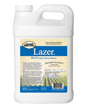 Liquid Harvest Lazer Blue indicator bottle marks spray landing for precise coverage.