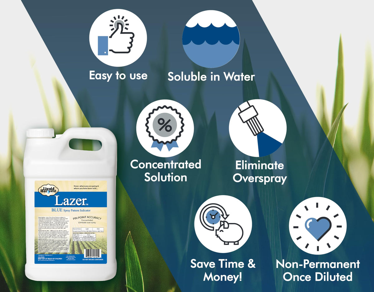 Liquid Harvest Lazer Blue dye-visible-on-grass clearly shows coverage areas.
