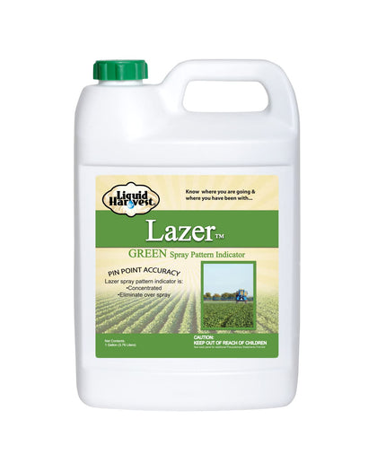 Liquid Harvest Lazer Green bottle-cap marks test sprays clearly on lawns
