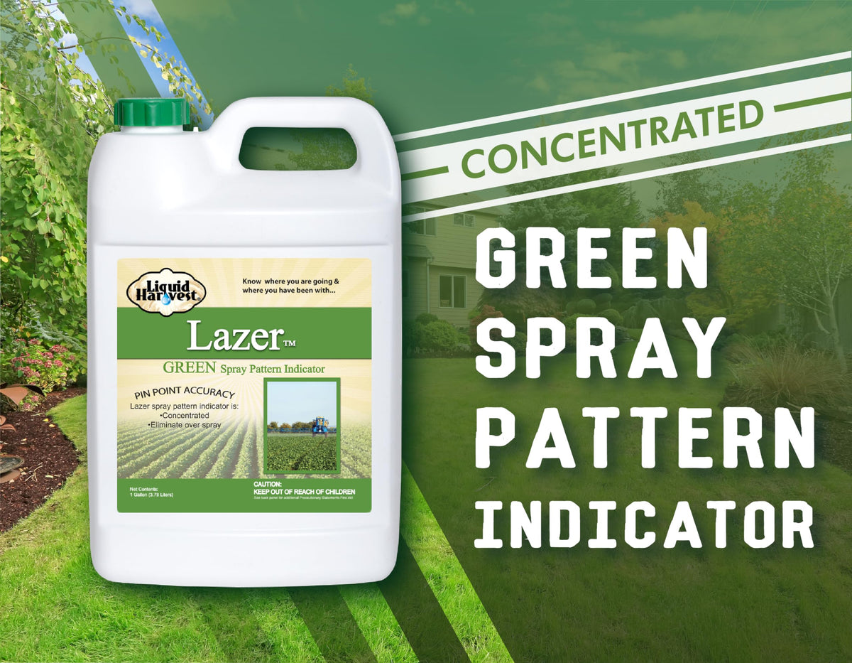 Liquid Harvest Lazer Green concentrated dye highlights spray areas on turf for precise application