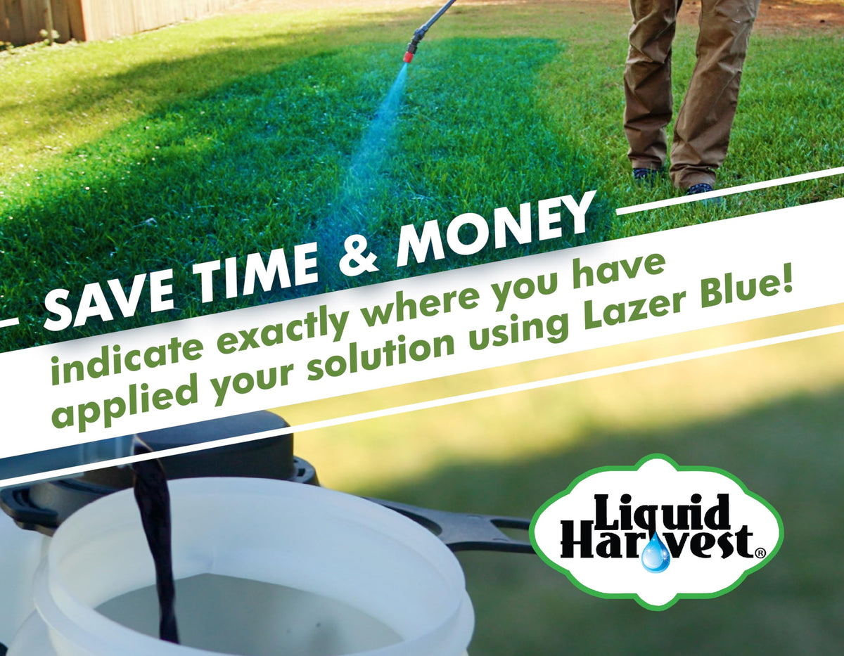 Liquid Harvest Lazer Green spray pattern indicator on grass shows uniform coverage