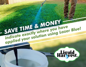 Liquid Harvest Lazer Green spray pattern indicator on grass shows uniform coverage