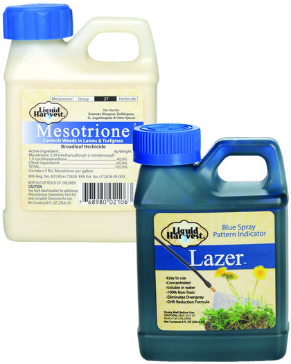 Liquid Harvest Mesotrione 8oz bottle ready for precise lawn weed control