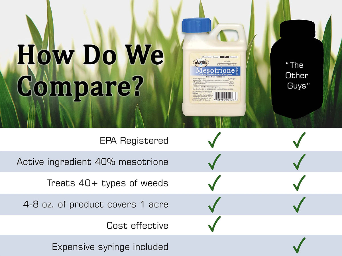 Liquid Harvest Mesotrione applying to lawn targeting broadleaf weeds on contact