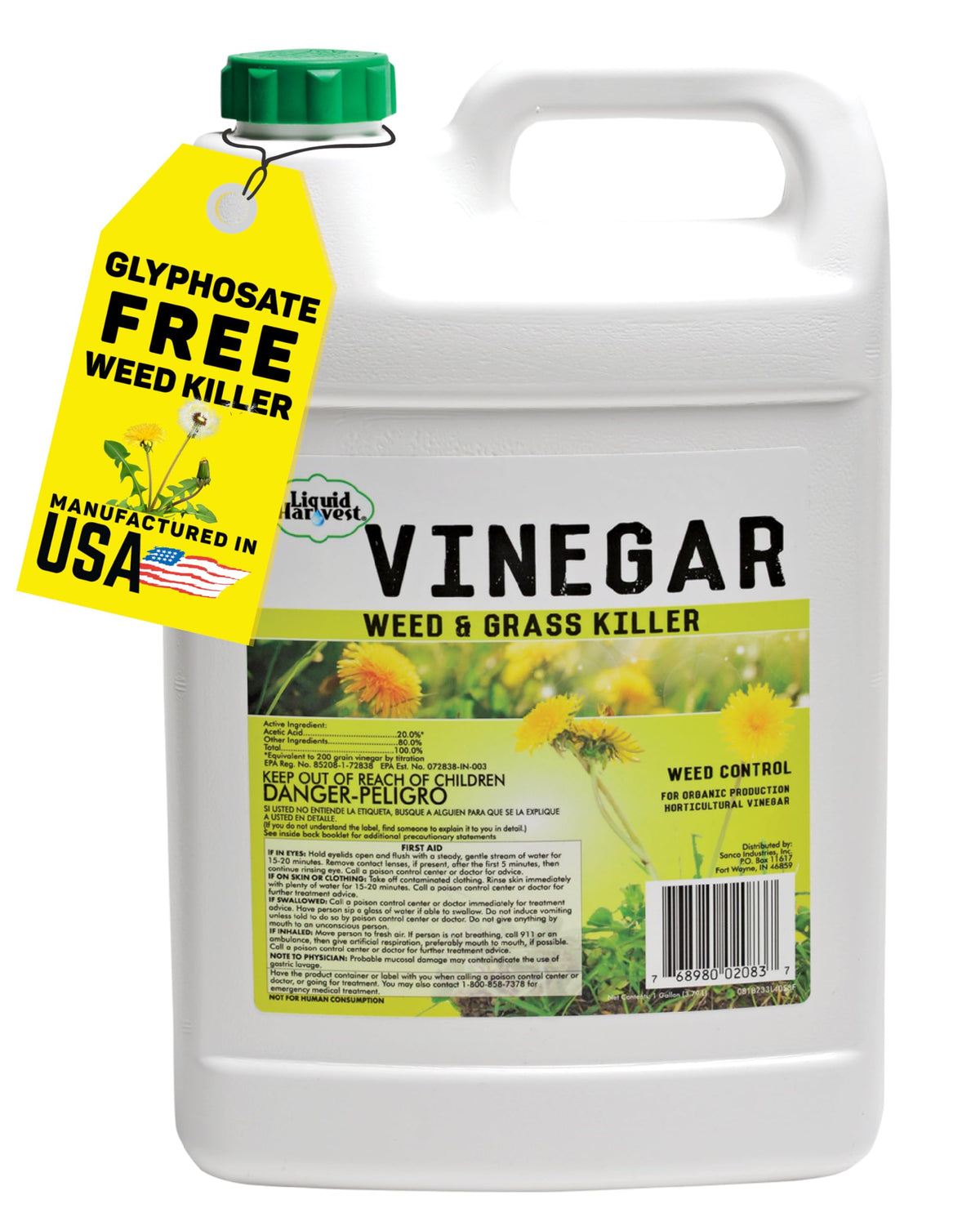 Liquid Harvest Vinegar Weed & Grass Killer bottle spraying weeds in a garden setting