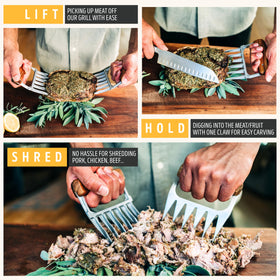 Close-up of Liquid Solution meat claws with wooden handles for a secure grip