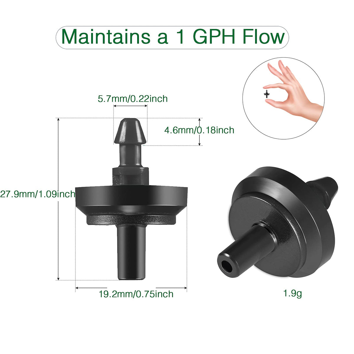 LiquiDrip 1GPH dripper on tubing ensuring steady flow along long runs