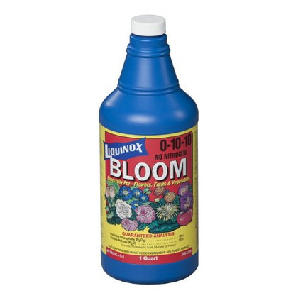 Liquinox 0-10-10 Bloom bottle for flowering and fruiting plants, supports vibrant blooms.