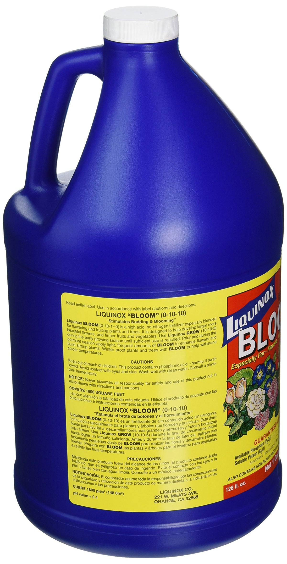 Liquinox Bloom label close-up highlights its high-acid, phosphorus-potassium formula