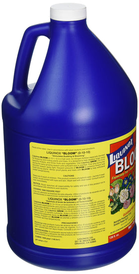 Liquinox Bloom label close-up highlights its high-acid, phosphorus-potassium formula