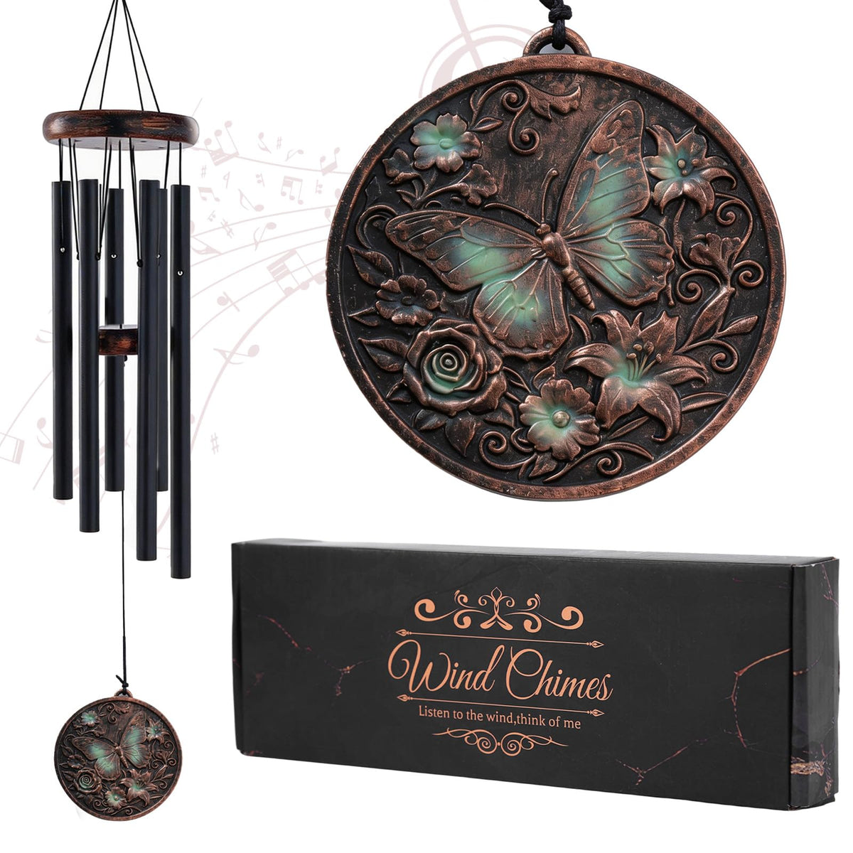 LIRAVENO butterfly wind chime; antique bronze finish enhances outdoor spaces.
