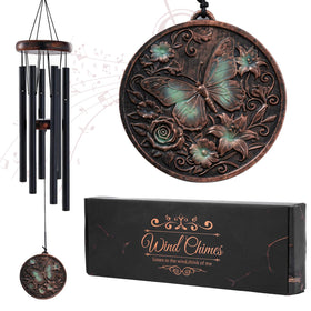 LIRAVENO butterfly wind chime; antique bronze finish enhances outdoor spaces.
