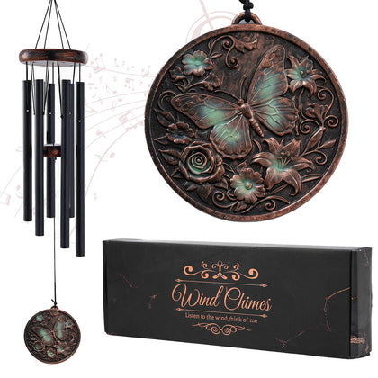 LIRAVENO butterfly wind chime; antique bronze finish enhances outdoor spaces.