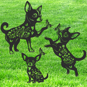 LIRAVENO Chihuahua yard stake with butterfly silhouette for outdoor charm.