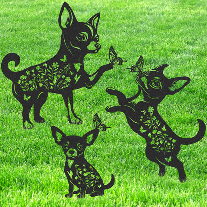 LIRAVENO Chihuahua yard stake with butterfly silhouette for outdoor charm.