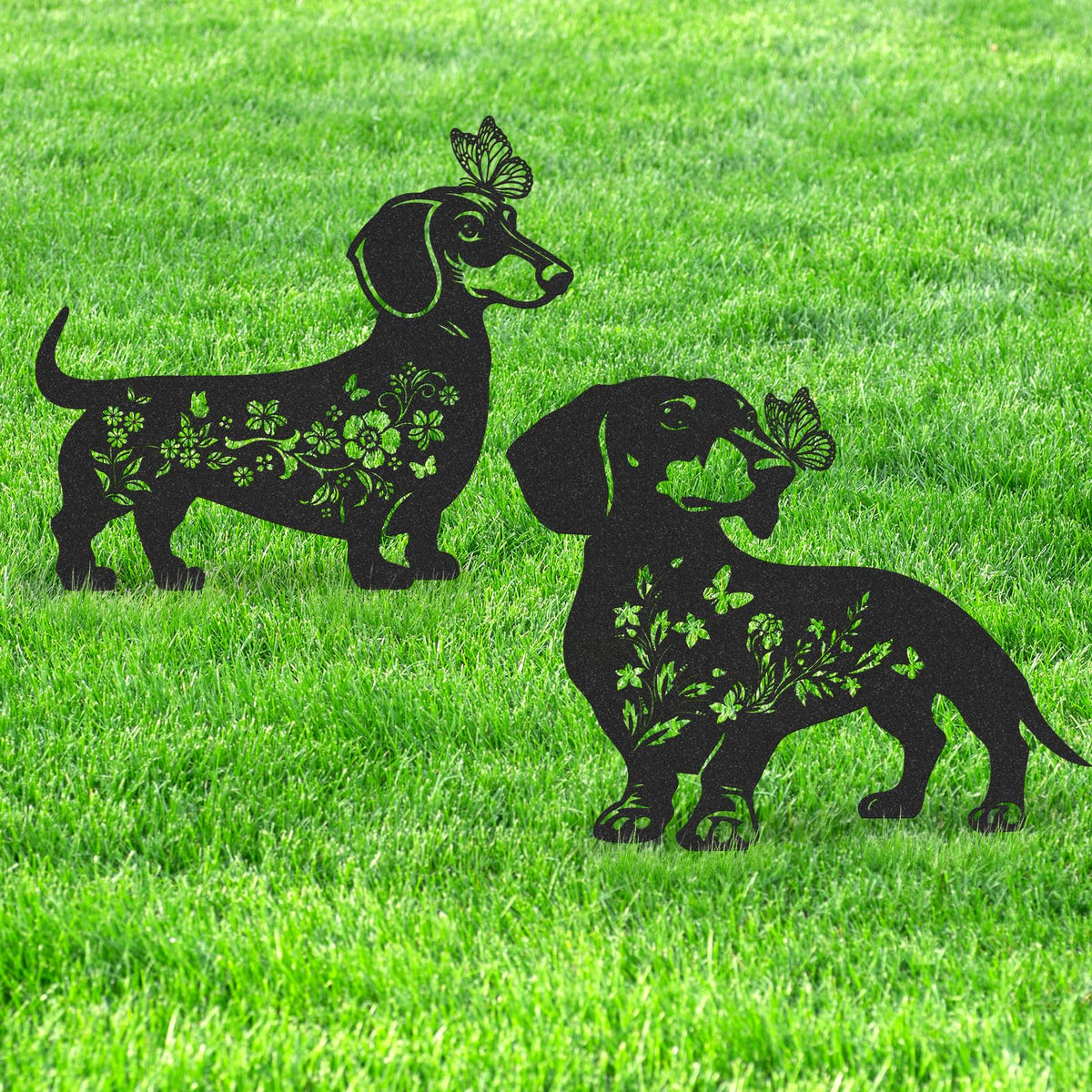 LIRAVENO dachshund garden stake with butterfly and floral details for yard decor.