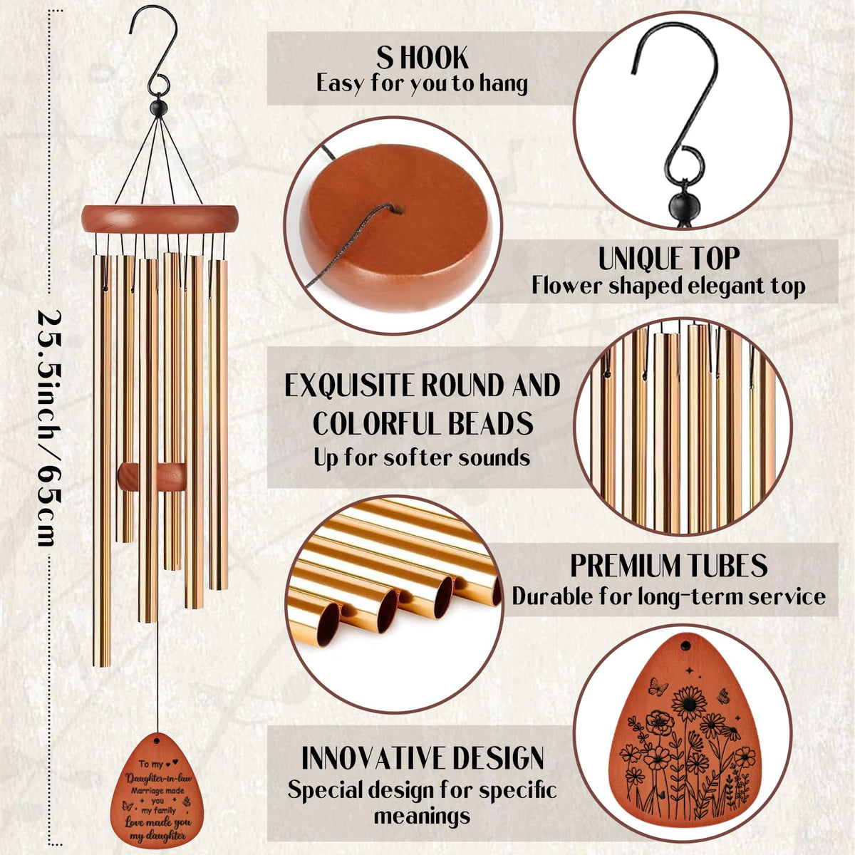 LIRAVENO wind chimes with greeting card adds sentimental touch.
