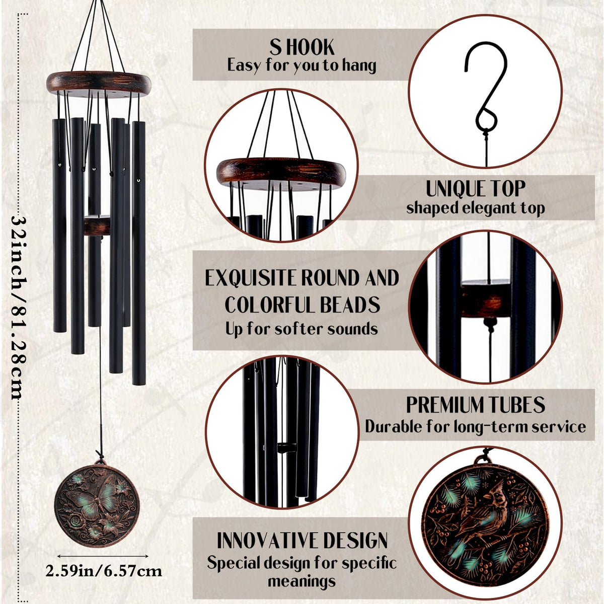 LIRAVENO wind chime with embossed butterfly and floral motifs for garden ambiance.