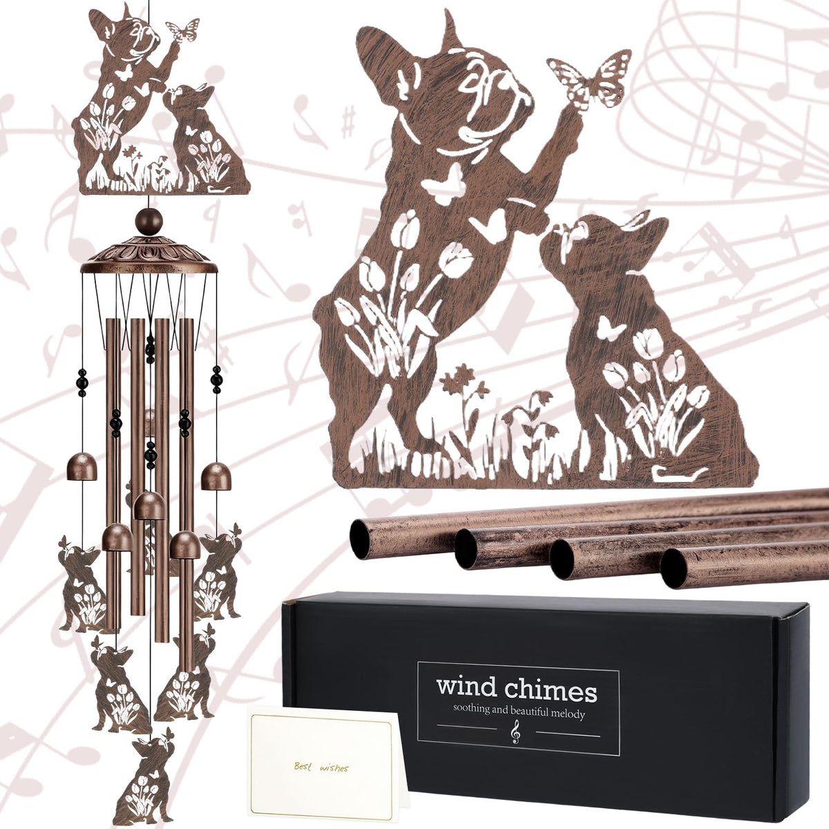 LIRAVENO wind chime with large French Bulldog figure enhances outdoor decor