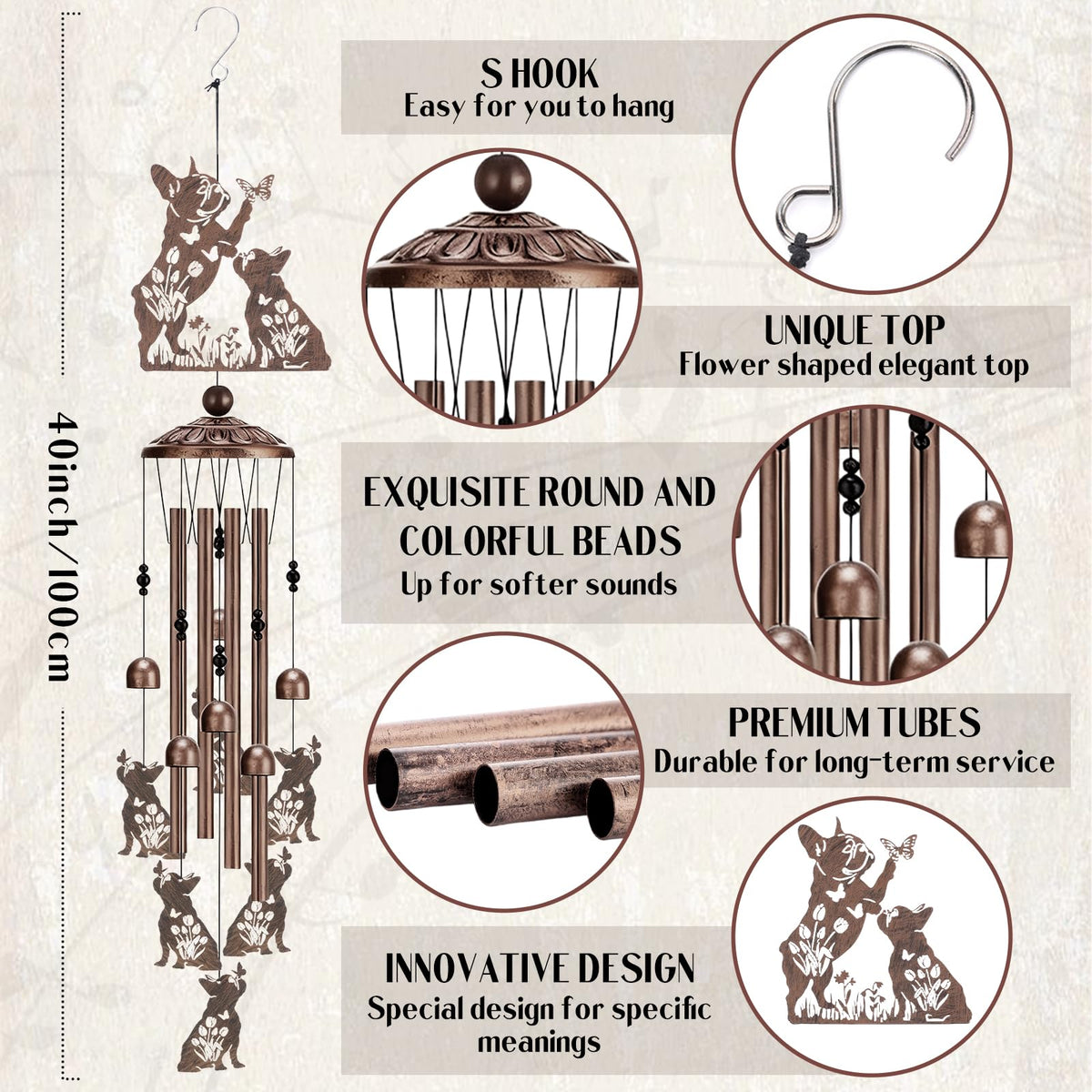 LIRAVENO wind chime with cluster of small French Bulldogs for whimsical yard art