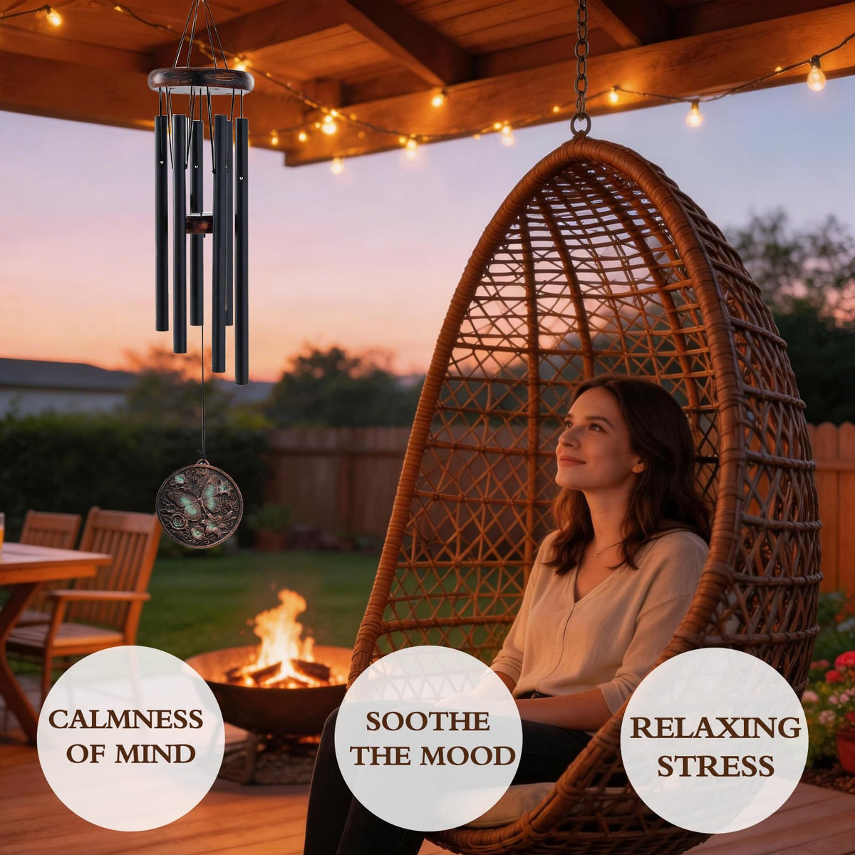 LIRAVENO wind chime with metal tubes; durable for outdoor use in any weather.