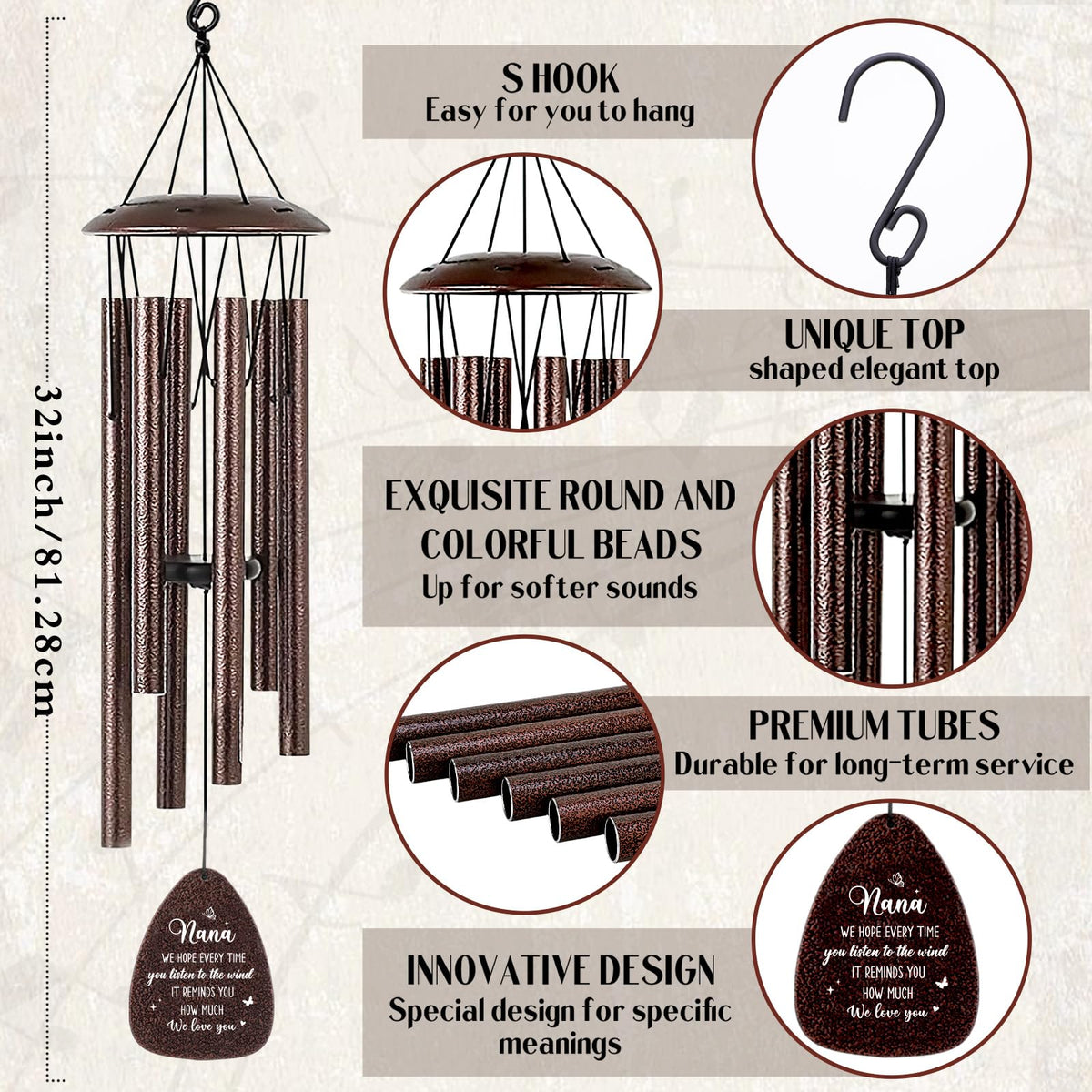 LIRAVENO Nana Gifts Wind Chime with greeting card for a heartfelt grandma gift