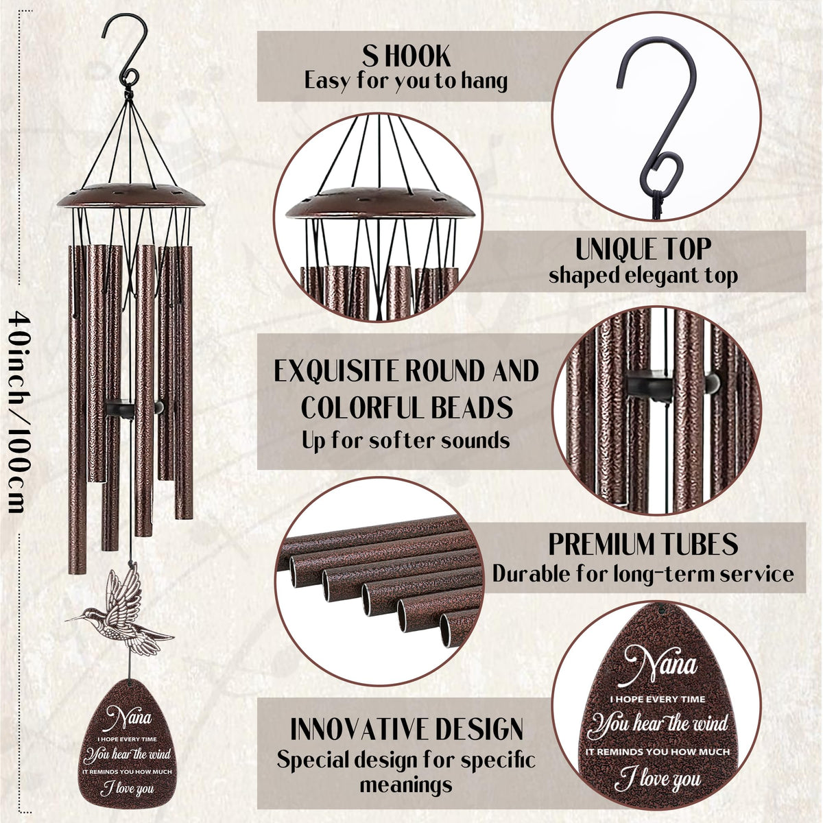 LIRAVENO Nana Gifts wind chimes with heartfelt card for nana