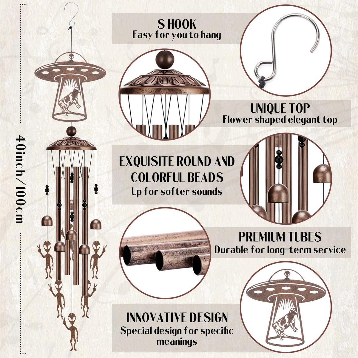 LIRAVENO wind chimes with bottom aliens add playful garden mood
