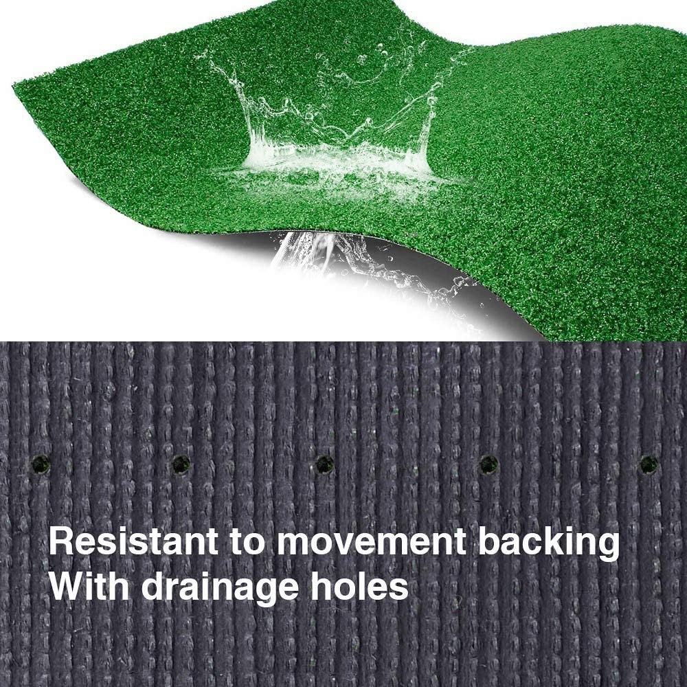 Patio setup with LITA turf drainage holes visible for quick-dry maintenance.