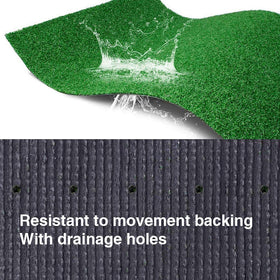 Patio setup with LITA turf drainage holes visible for quick-dry maintenance.