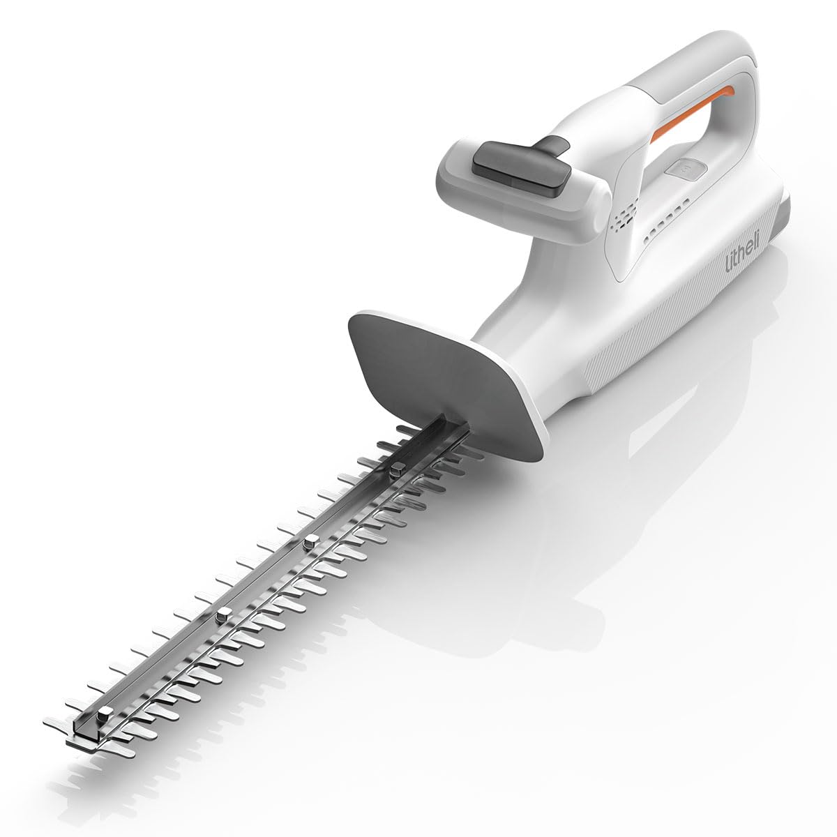 LiTHELi 20V hedge trimmer blade close-up with hardened steel blades for precise cuts