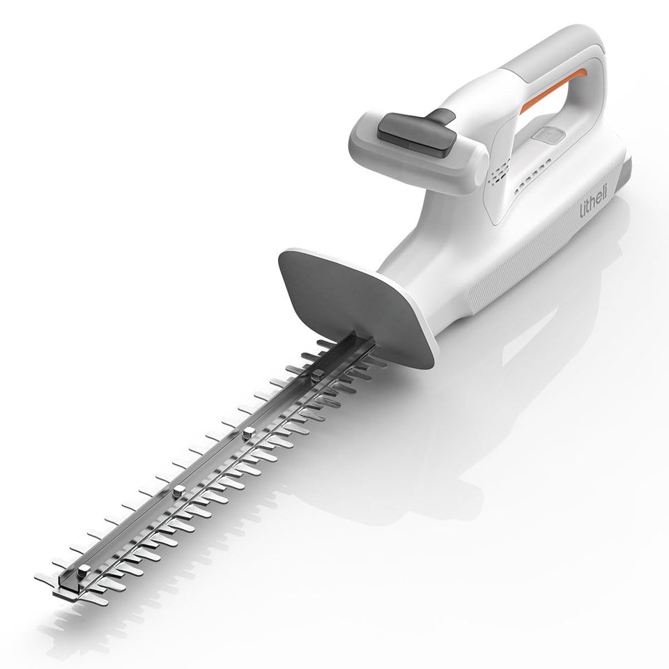 LiTHELi 20V hedge trimmer blade close-up with hardened steel blades for precise cuts
