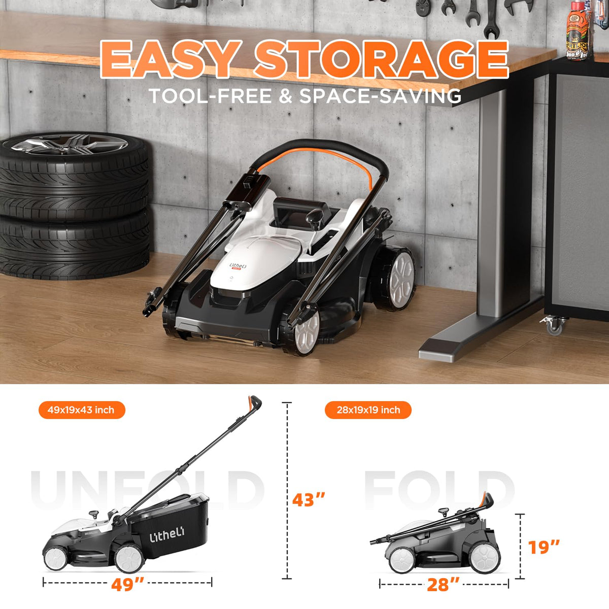 LiTHELi 40V lawn mower 6-height adjust demonstrates lawn customization from 0.98 to 2.95 inches.