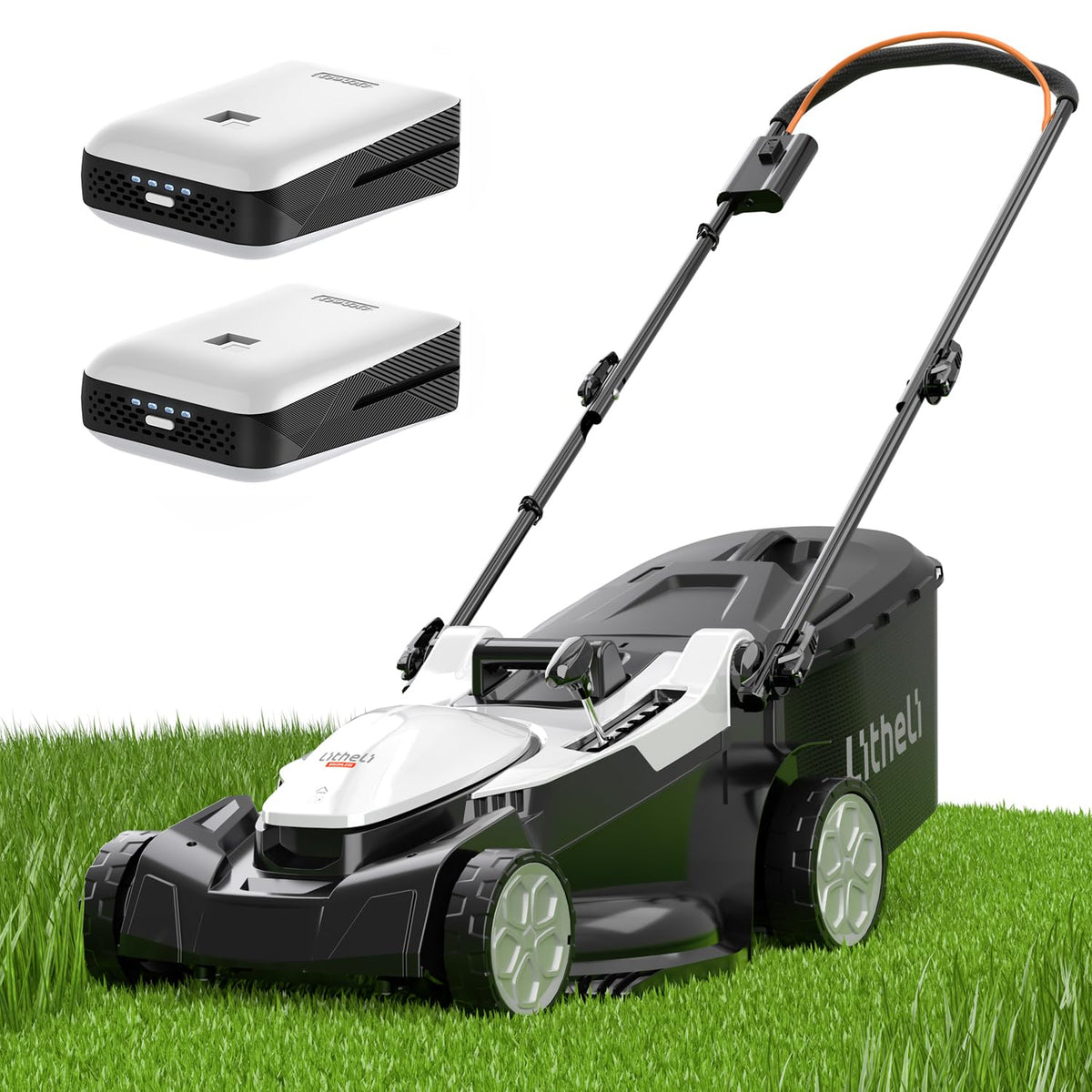 LiTHELi 40V lawn mower front view shows a compact cordless design for easy mowing.