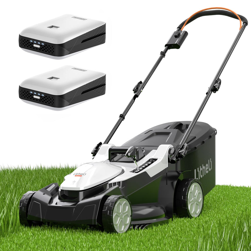 LiTHELi 40V lawn mower front view shows a compact cordless design for easy mowing.