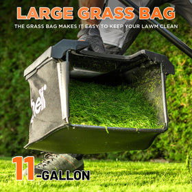 LiTHELi 40V lawn mower grass catcher highlights convenient debris collection.