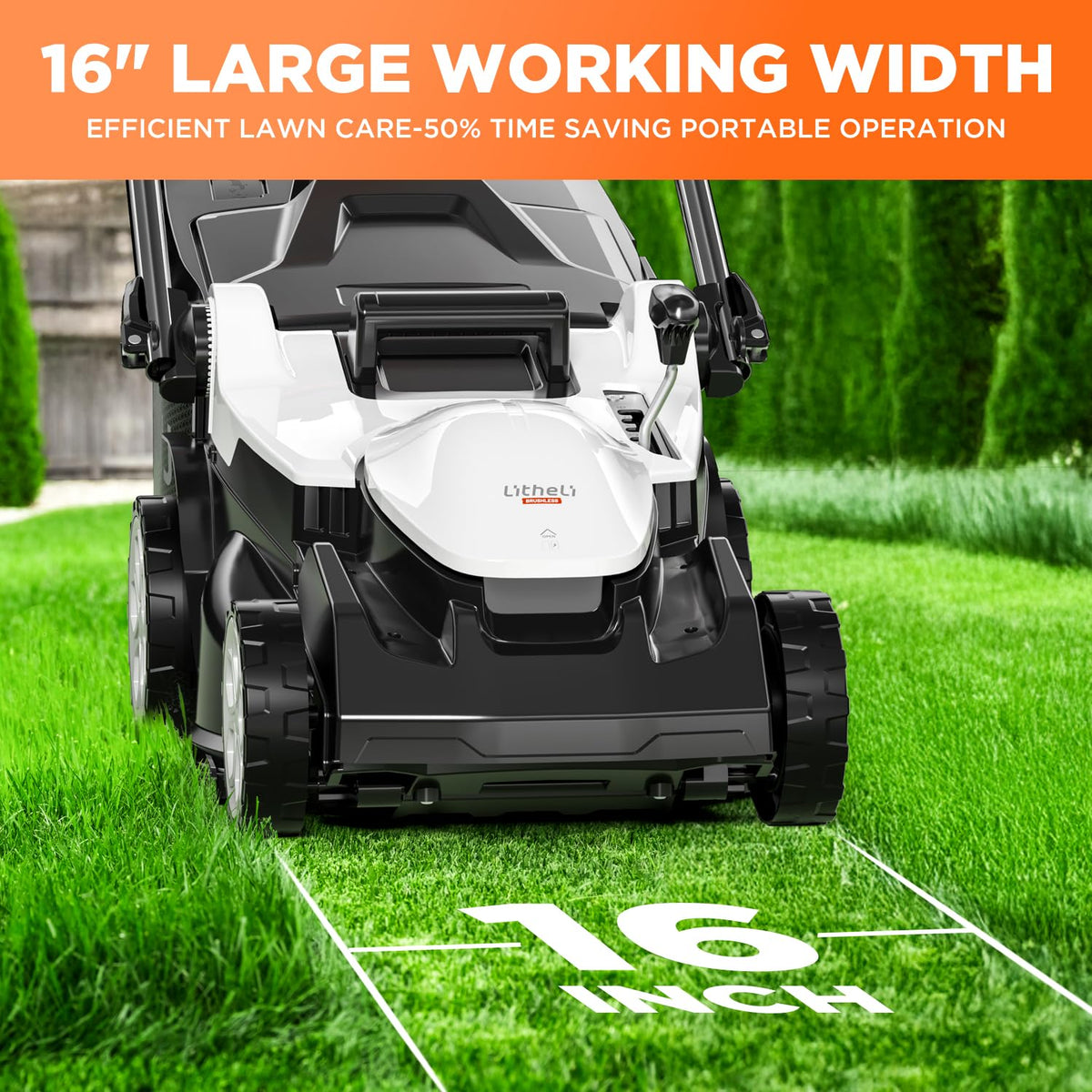 LiTHELi 40V lawn mower in-use image suggests a smooth, controlled mowing experience.