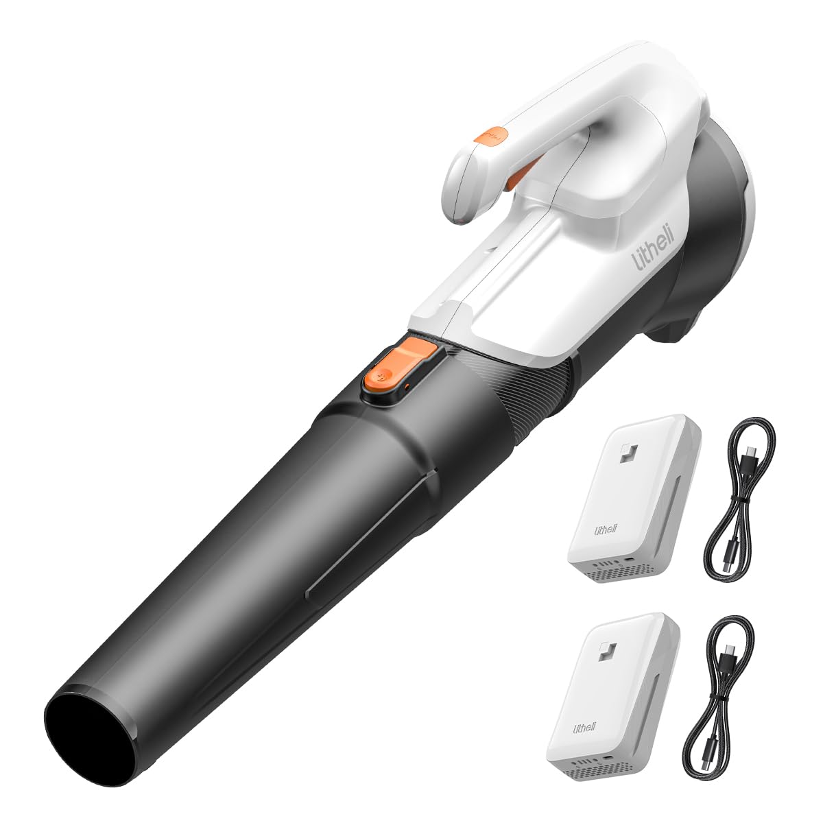 LiTHELi 20V cordless blower in use with ergonomic grip for easy cleanup