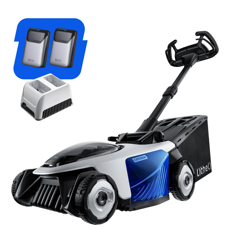 LiTHELi electric lawn mower self-propelled front view showing easy mowing and control