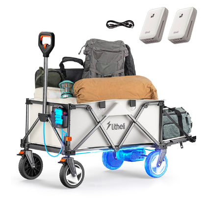 LiTHELi electric wagon cart with two batteries, ready for off-road hauling.