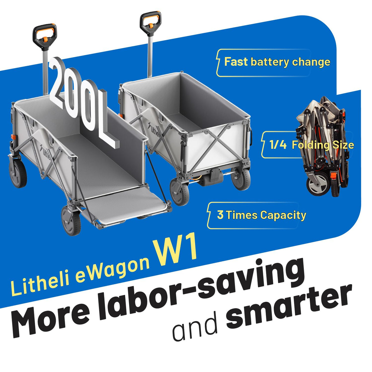 LiTHELi electric wagon cart 200L storage demonstrates ample camping and shopping capacity.