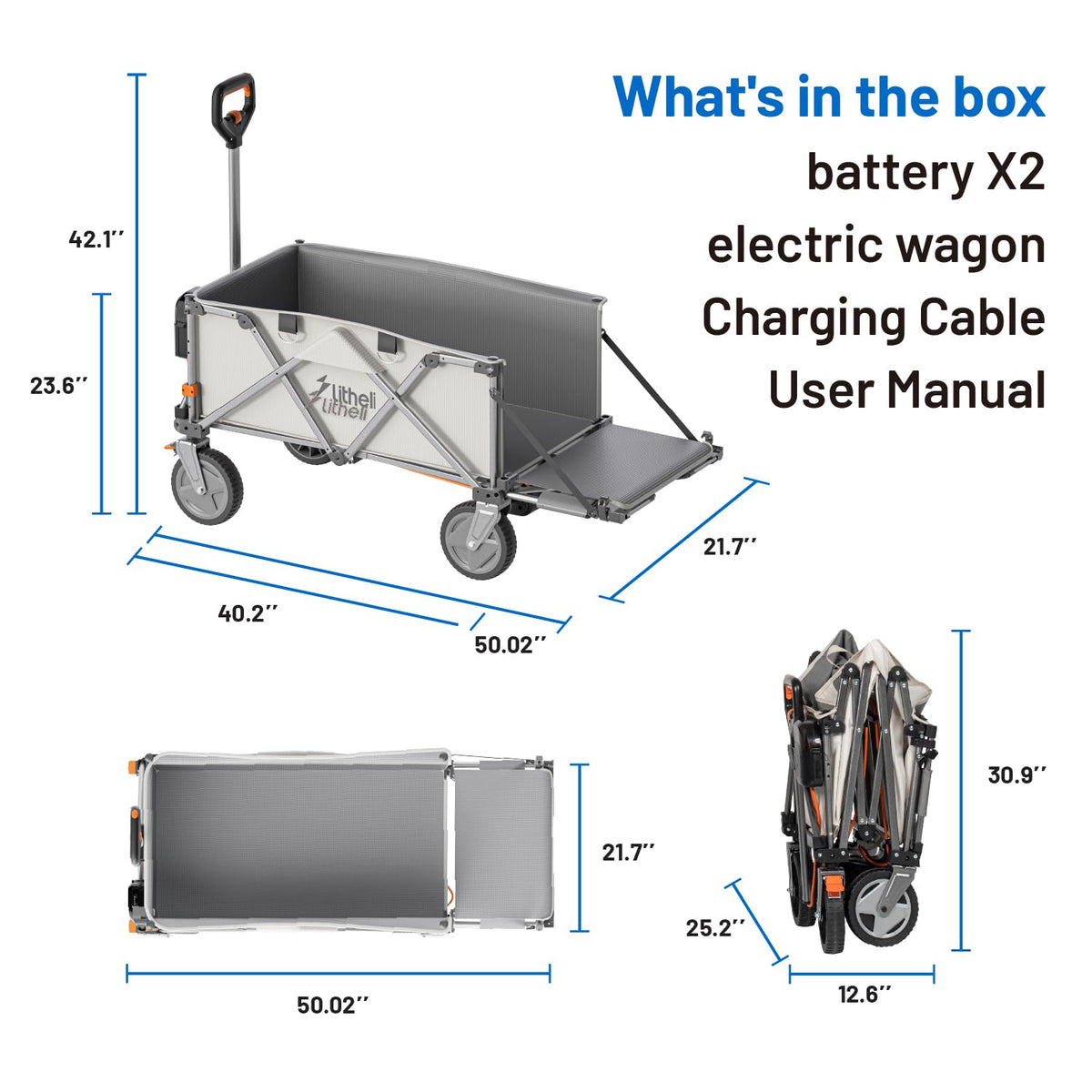 LiTHELi electric wagon cart supports 300 lb loads for groceries and gear.