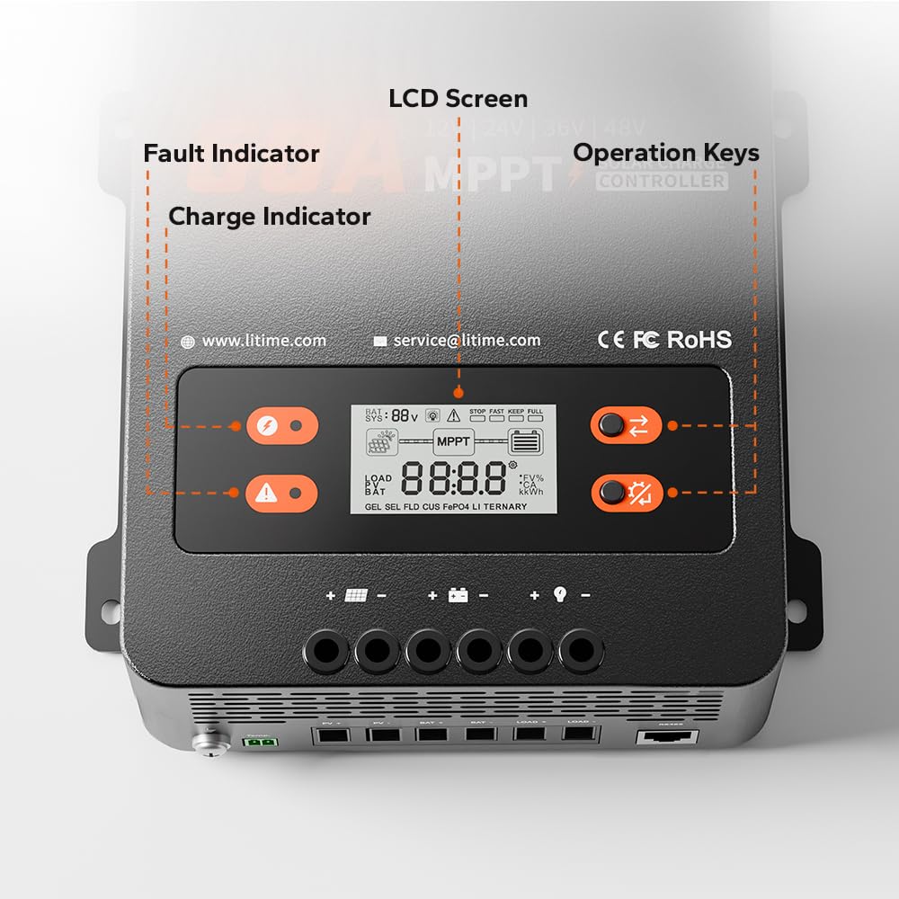 Litime 60A MPPT battery compatibility supports LiFePO4 and Lead-Acid for flexible configurations.