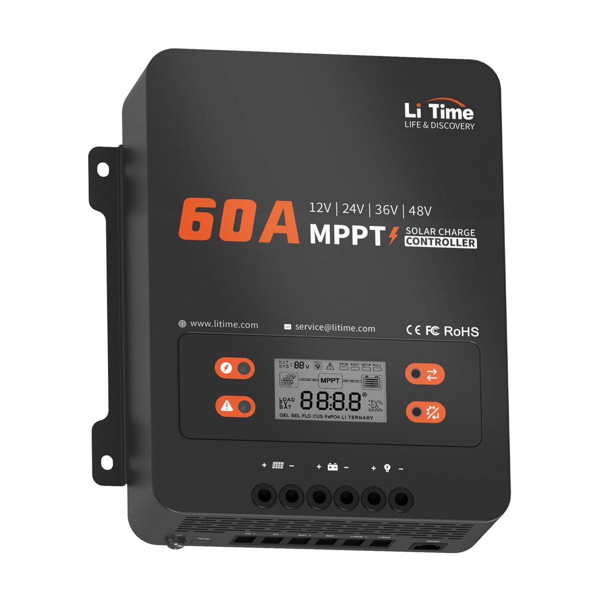 Litime 60A MPPT front display shows charging status for efficient energy management.