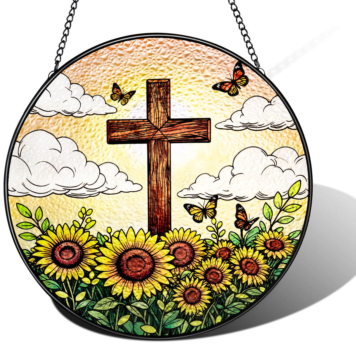 Litivy cross suncatcher with sunflower front for colorful sunlight.