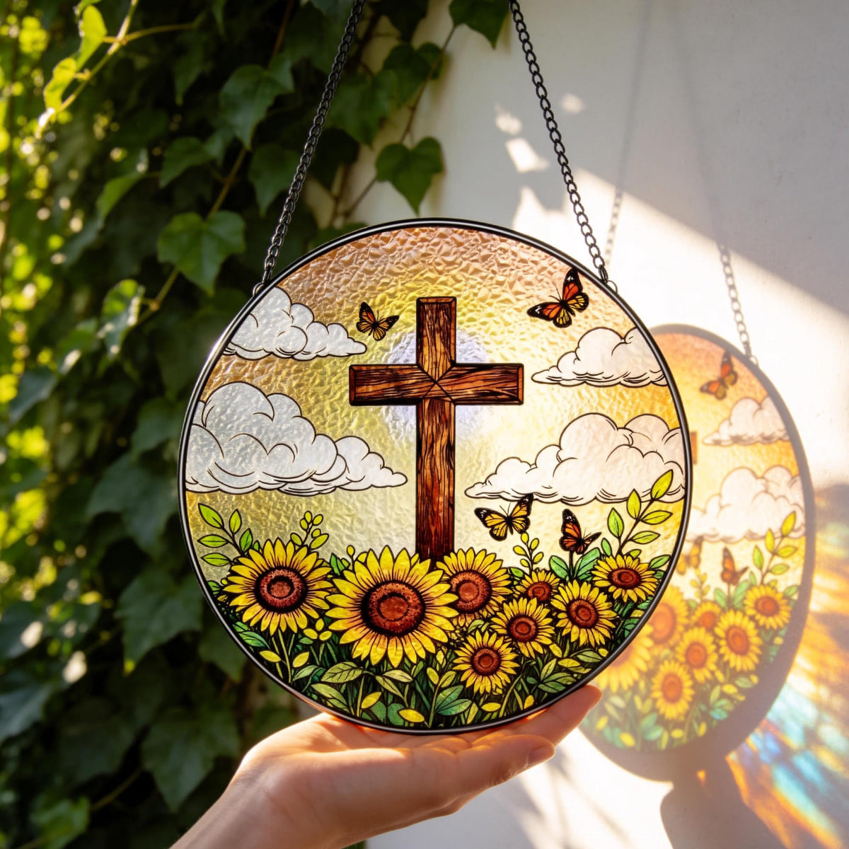 Litivy dual-sided cross stained glass offers rainbow prisms on both sides.