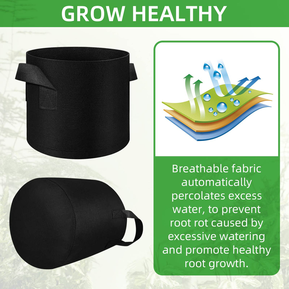 Reinforced nylon handles on LITLANDSTAR grow bags for sturdy lifting.