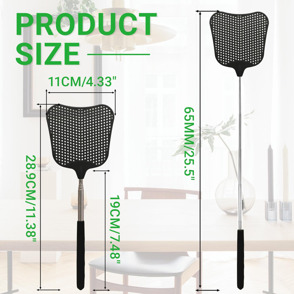 Litoexpe telescopic pole extended to 29 inches helps reach distant flies safely indoors.