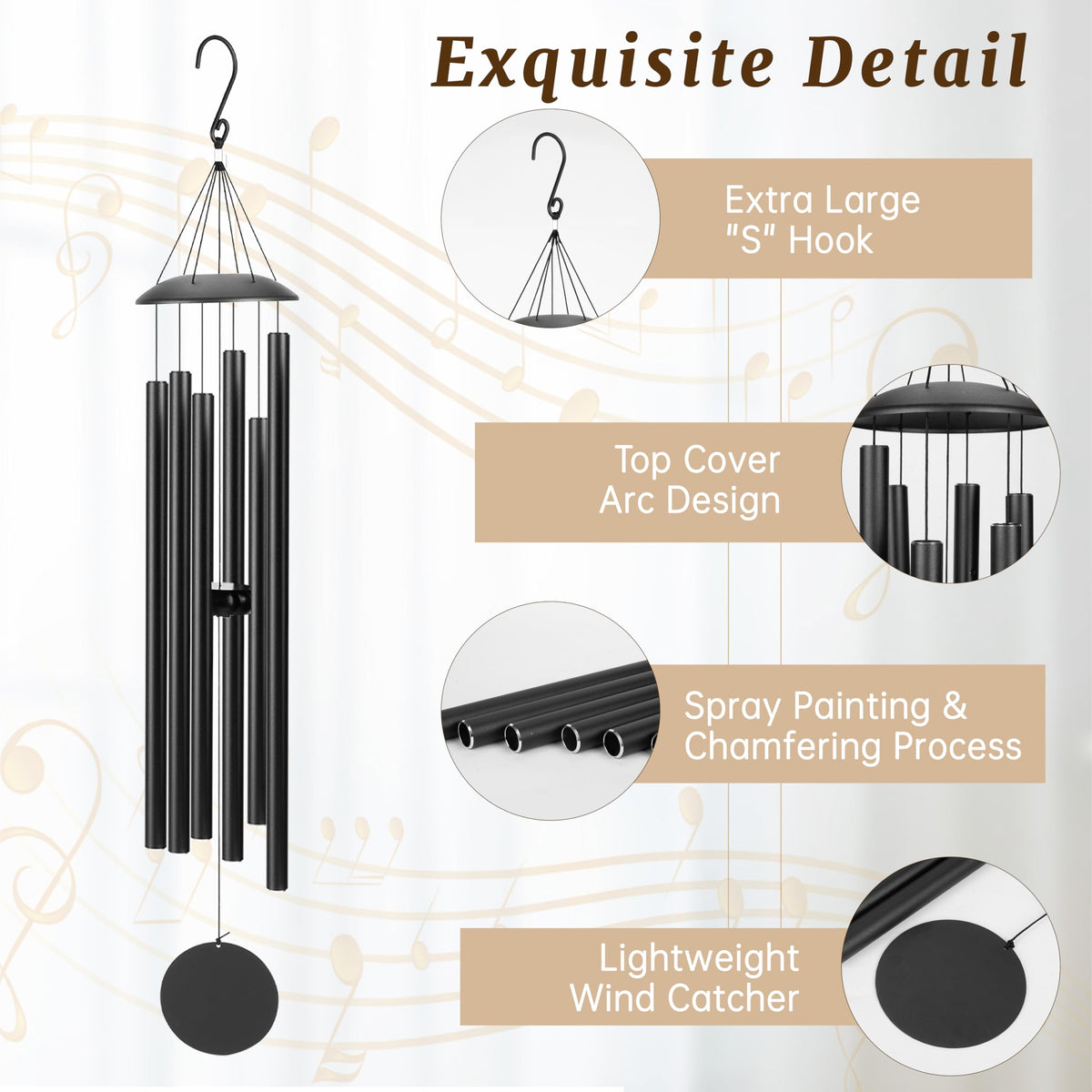 Litray black 38in aluminium wind chimes close-up